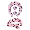 Pink leopard print flannel skincare set with headband, wristbands and bow hair tie - Flannel Pink Leopard Style (13#) / Set of 4