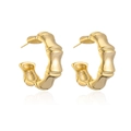 Macro shot of gold-plated bamboo style C-shape earrings with a high-shine finish - Bamboo Joint Style