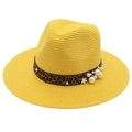 Elegant yellow Panama straw fedora with leopard band and pearl accents for women - Yellow