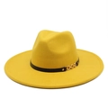 Detailed close-up of yellow wool fedora hat with black leather belt and gold chain trim - M (56-58cm) / Yellow