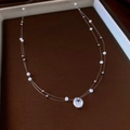 Double-layered tiger eye necklace with white pearls and a large round-cut zircon pendant - 3# Necklace-Silver-Pearl Flower (Transparent Choker)