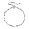 Close-up of paperclip chain bracelet with lobster clasp and cubic zirconia setting - White