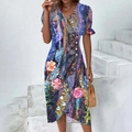 Artistic print V-neck midi dress with ruffled sleeves and abstract geometric patterns - Purple