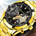 Macro shot of gold stainless steel chronograph watch with black dial and date display - All Gold Black Dial Steel Strap