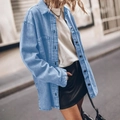 Women's light blue oversized denim shirt jacket with large pockets in vintage style - S / Light Blue