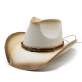 Hand-painted ivory straw cowboy hat with brown gradient edges and skull metal detail - M (56-58cm) / Cream Coffee Gradient