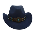 Cappello da cowboy blu navy con fascia in pelle, pietre turchesi e fibbia vintage - Taglia unica / Blu navy