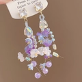 Elegant purple resin flower tassel earrings with zircons and pearls for women - Gold-Blue Flower (3# Silver Needle)