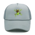 Detail of light blue mesh trucker hat with green cartoon frog print and reinforced stitching - Light Gray