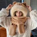 Ensemble 3-en-1 chaud et douillet bonnet écharpe et gants ours en peluche pour femme marron - Ensemble Trois Pièces Capybara / Kaki