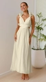Detail of V-neck backless floral chiffon dress with waist cut-outs and pleated straps - S / Apricot (With Lining)