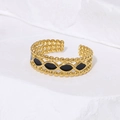 Gold-plated stainless steel open ring with multi-row beads and black enamel inlay - Adjustable / Black