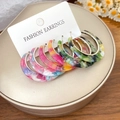 Set of resin hoop earrings with colorful marble textures displayed on a fashion card - 78# Silver Multicolor 6-Piece Set