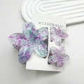 Three-piece set of purple and green marbled plumeria flower hair claws in resin - Splashed Ink Dots In Pinkish-green (with Card)