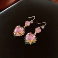 Pink heart-shaped drop earrings with colorful zircon stones on a black leather texture - No.43 Gold Hook Multi-color