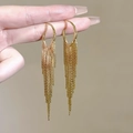 Elegant gold tassel earrings with tiered metal chain fringe for party dress and evening wear - Gold Sleek Hoop Tassel (539)