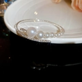 Macro shot of silver open cuff bracelet featuring gradient pearls and shimmering zircons - Gradient Five Pearls Open Cuff Style (6# Bangle-Silver) / Silver
