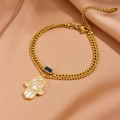 Gold stainless steel double-layer bracelet with blue gemstone and Hamsa Hand charm - Double Layer Pendant Bracelet (C612)