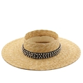 Detail of hand-woven wheat straw boater hat with pearl and rhinestone trim headband - M (56-58cm) / Black Band With Pearl Rhinestone Decor