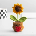 Handmade crochet sunflower potted plant with red heart and encouraging card for decor - Heart Sign Sunflower