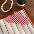 Chic red and white checkerboard acrylic hair claw clip in a wooden jewelry tray - Red and White Grid 7.6CM