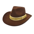 Chapeau de cowboy marron foncé en feutre avec ruban doré scintillant sur fond blanc - M (56-58cm) / Café