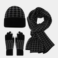 Set invernale con berretto a maglia sciarpa lunga e guanti touch con motivo a rombi - Nero