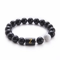 Black agate beaded bracelet with white turquoise accent and golden letter Z charm - Letter Z