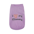 Detail of purple pet vest featuring I Love my Mommy print and red heart design - Purple