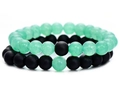 8mm natural stone bracelet set with matte black and translucent green beads on elastic cord - Green Chalcedony + Matte Black