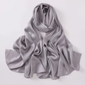 Detail view of silver grey faux silk chiffon shawl showing soft drape and glossy texture - Medium Grey