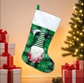 Green plaid Christmas stocking with a 3D faceless gnome and white plush cuff - Green Plaid