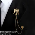 Detail of gold angel wings chain brooch with rhinestone accents and dimensions info - Gold Angel Wings Style (TL24010)