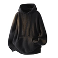 Oversized retro ribbed knit hoodie with kangaroo pocket and drawstring in charcoal grey - S / Black