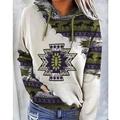 Detail of Aztec pattern and wild horse silhouette on women's oversized hoodie with drawstring - S / Purple Green Ethnic