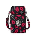 Vertical cross body phone bag with red lips pattern and adjustable canvas shoulder strap - Black Background Red Lip