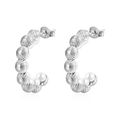 Silver C-shaped hoop earrings with white pearls and textured metal on white background - C-Shaped Scalloped Texture Pearl Style / Steel Color (MS-511)