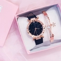 Close-up of rose gold watch and starry sky dial with matching bracelet in gift box - Starry Sky Watch + Bracelet + Gift Box Set / Black