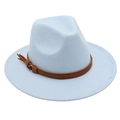 Detail of light blue wool fedora with brown leather strap and classic metal buckle - Sky Blue (Brown Belt)