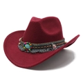 Close-up of wine red wool cowboy hat featuring ethnic beads and turquoise stones - M (56-58cm) / Burgundy
