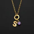 14K gold plated stainless steel paperclip necklace with letter S and purple crystal pendants - Letter S Style (Steel) / Silver