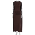 Detail of dark brown ruched maxi dress with long flowing shoulder capes and slim fit - S / Brown