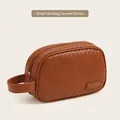 Caramel brown woven PU leather makeup bag in small size with a sturdy top handle - Handbag Small / Caramel Brown