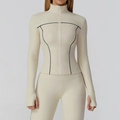 Women's slim fit sports set in cream white with black contrast stitching detail - S / Beige Apricot