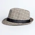 Cappello fedora vintage in paglia da uomo con trama a quadri e nastro nero per l'estate - M (56-58cm) / caffè