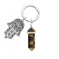 Macro detail of silver Hamsa hand and hexagonal tiger eye stone on a crystal keychain - Tiger Eye Stone Bracelet