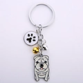 French Bulldog metal keychain with white bulldog charm, paw print tag and bells - Large Pug/Bulldog + Paw Print