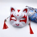 Japanese kitsune fox mask with red hand-painted patterns and silk tassels with bells - Red O Style