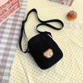 Cute black corduroy crossbody bag with bear embroidery and adjustable shoulder strap - Bag Only (No Charm) / Black