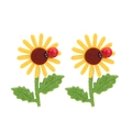 Handgefertigte Sonnenblumen- und Marienkäfer-Ohrringe aus Stoff in Gelb und Grün - Sonnenblumen Zweig Ohrstecker